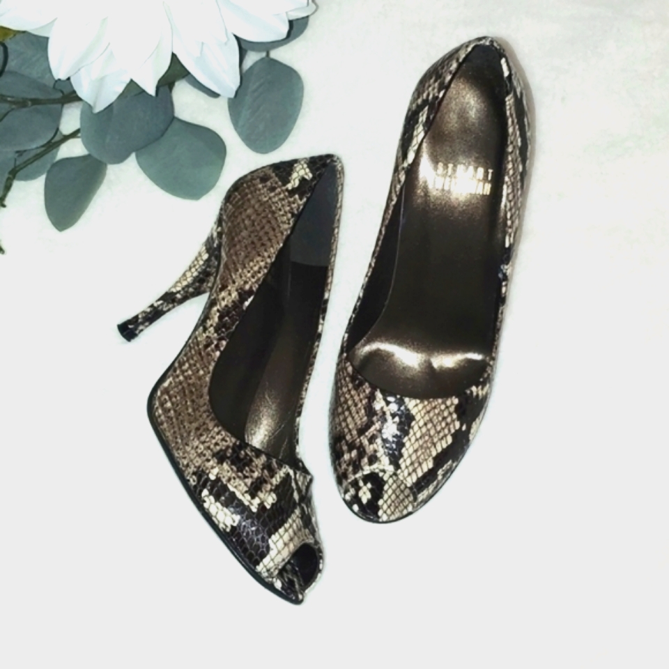 Stuart Weitzman Embossed Leather Peep Toe Heels | Size 4.5 M